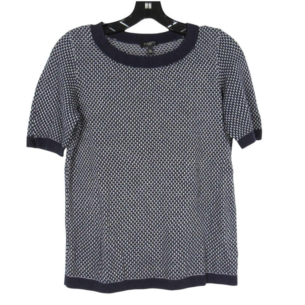 TALBOTS PETITES Navy/White GEOMETRIC PATTERN Short Sleeve KNIT SWEATER Sz MP